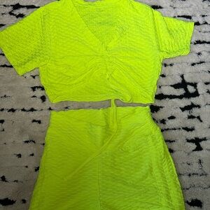 Neon Yellow Textured Two-Piece Crop Top & Skirt Set